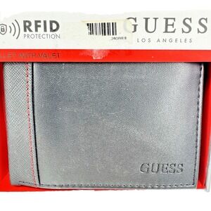 Guess RFID Blocking Wallet Black Leather Bifold Card ID Valet New In Box Flaw